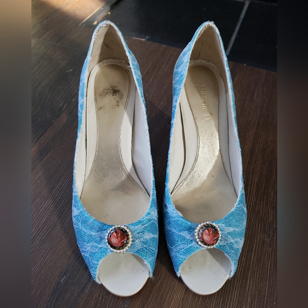 Michelle D, redesigned blue glitter and lace, size 9 open toe heels